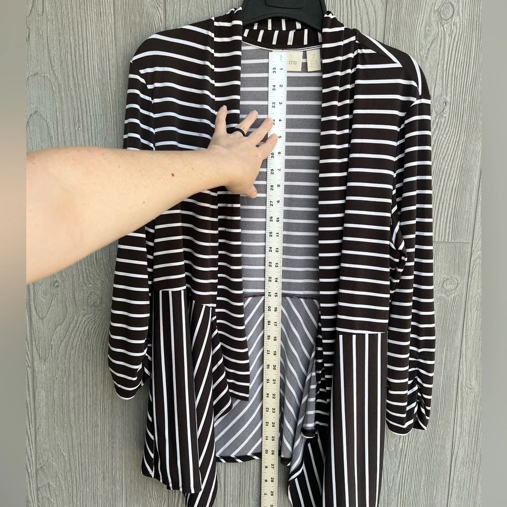 Chico's Deep Brown/Black and White Striped Stretchy Open Front Cardigan Size 2 - Picture 4 of 6